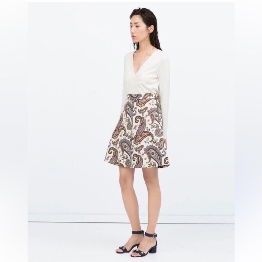 Zara Vintage Tapestry Paisley A-Line Cream Mini Side Zipper Skirt Size XS